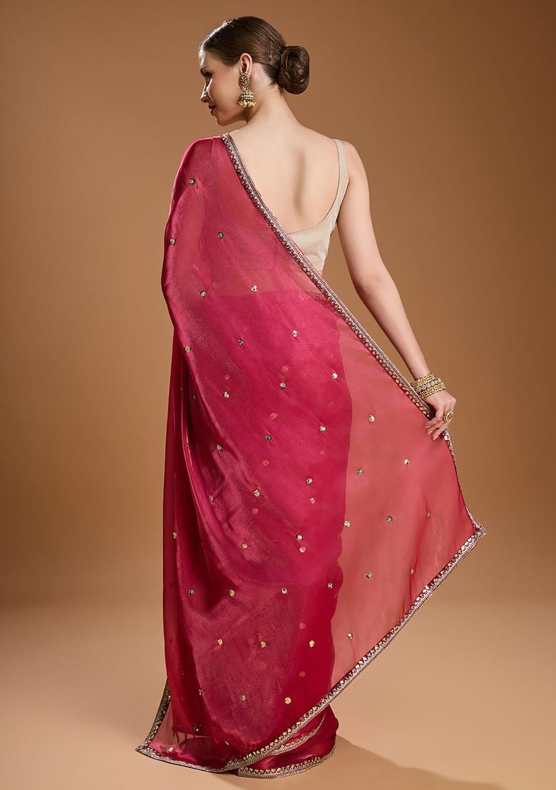 Red Sequin Work Satin Saree Set - Indya