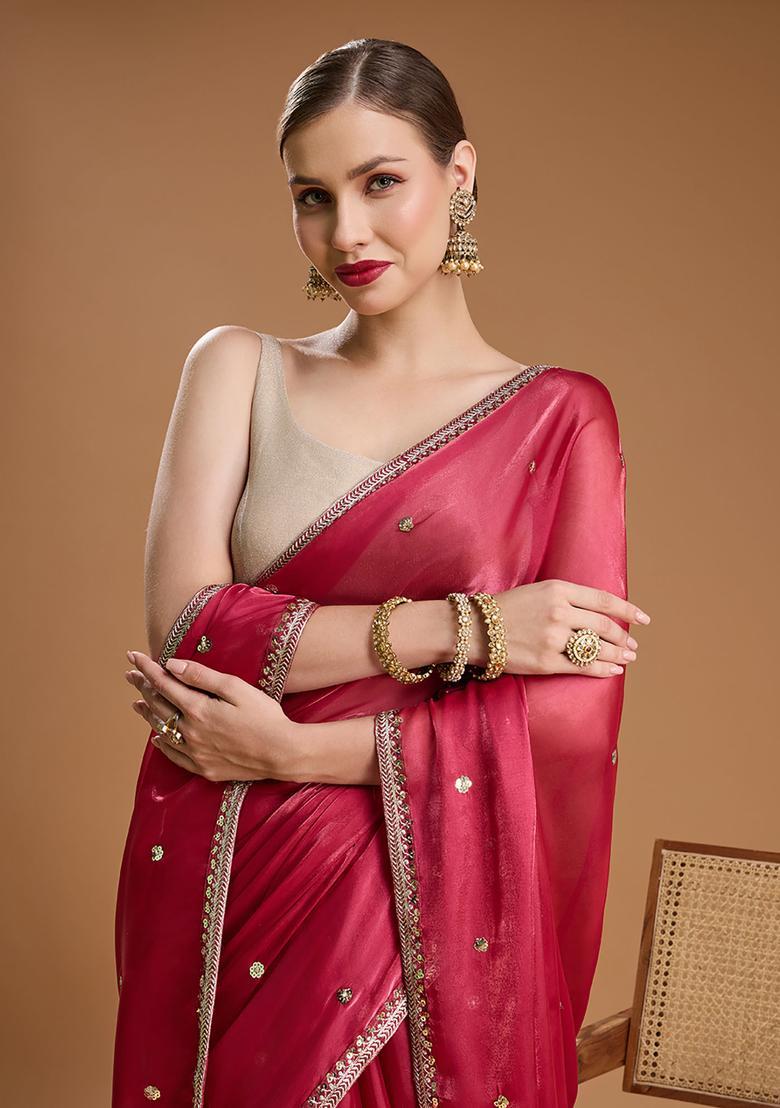 Red Sequin Work Satin Saree Set - Indya