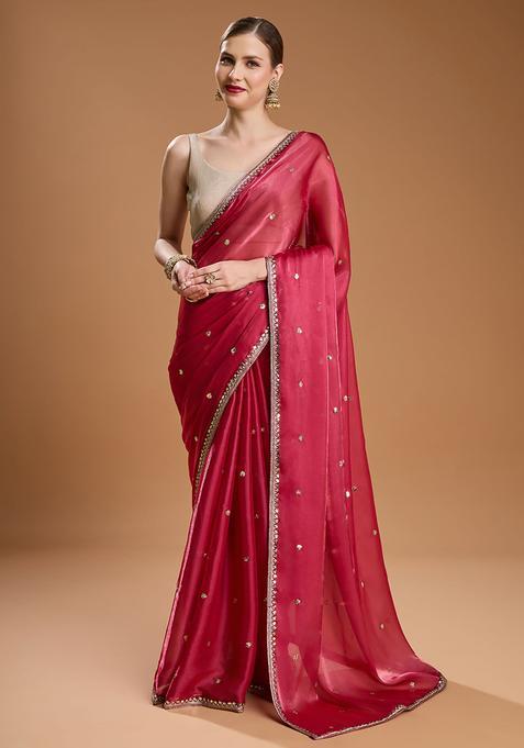 Red Sequin Work Satin Saree Set