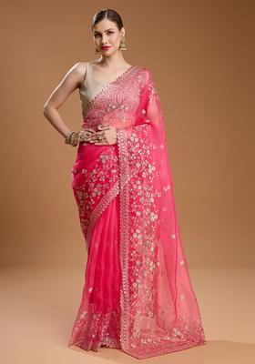 Pink Embroidered Organza Saree Set