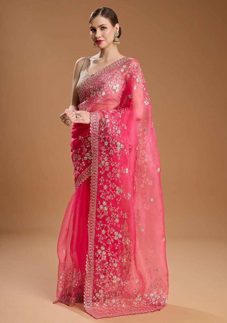 Pink Embroidered Organza Saree Set - Indya