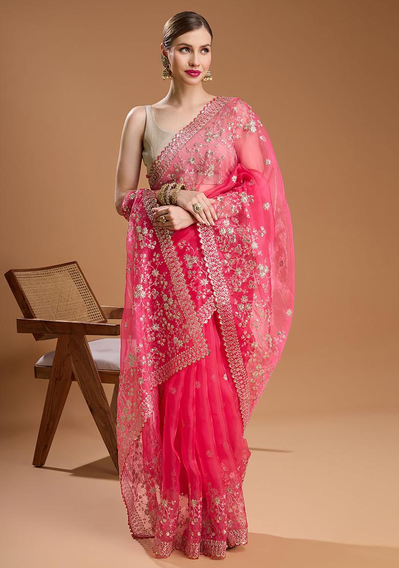 Pink Embroidered Organza Saree Set - Indya