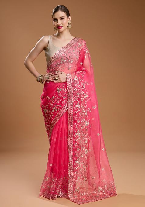 Pink Embroidered Organza Saree Set