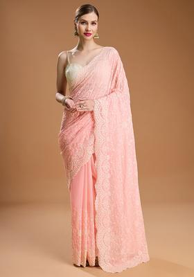 Peach Embroidered Georgette Saree Set