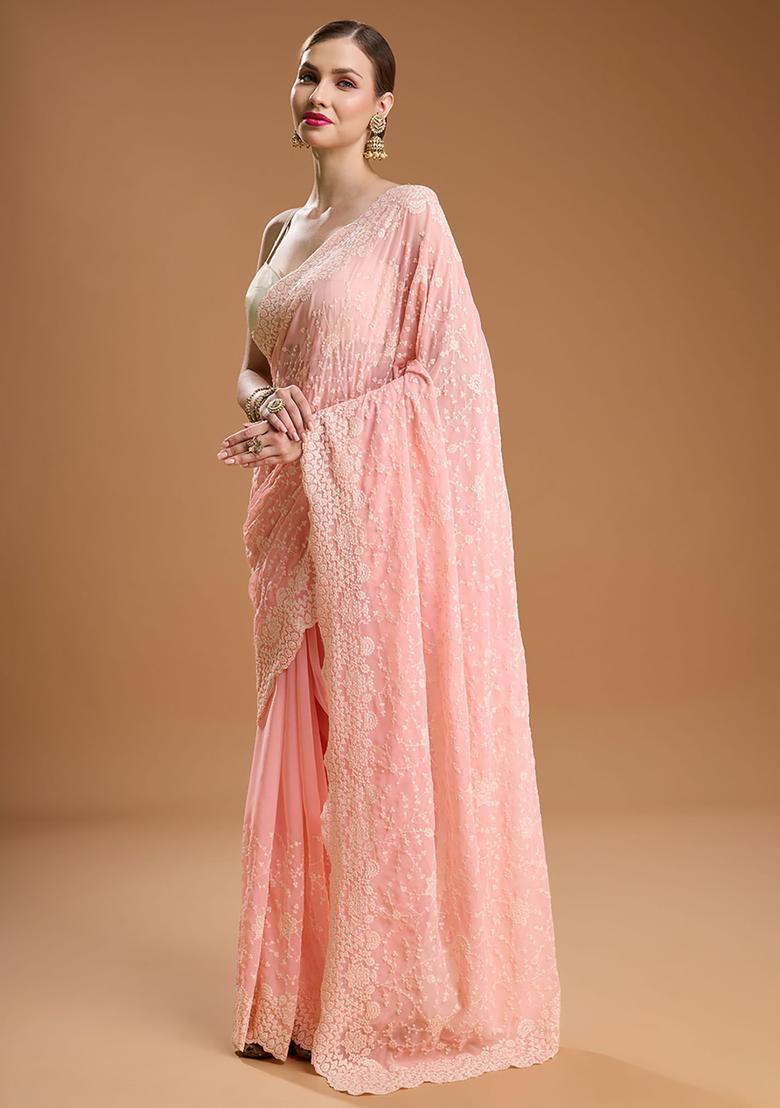Peach Embroidered Georgette Saree Set - Indya