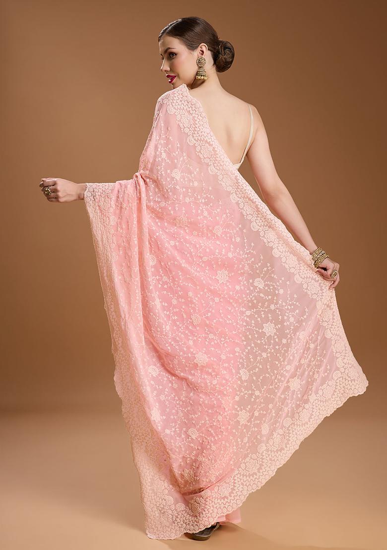 Peach Embroidered Georgette Saree Set - Indya