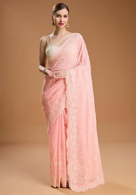 Peach Embroidered Georgette Saree Set