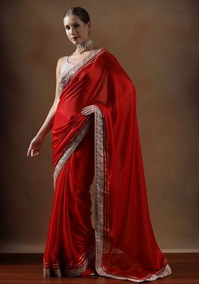 Red Solid Silk Blend Saree Set