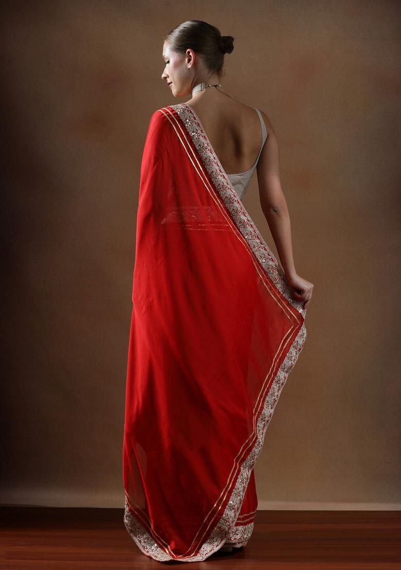 Red Solid Silk Blend Saree Set - Indya