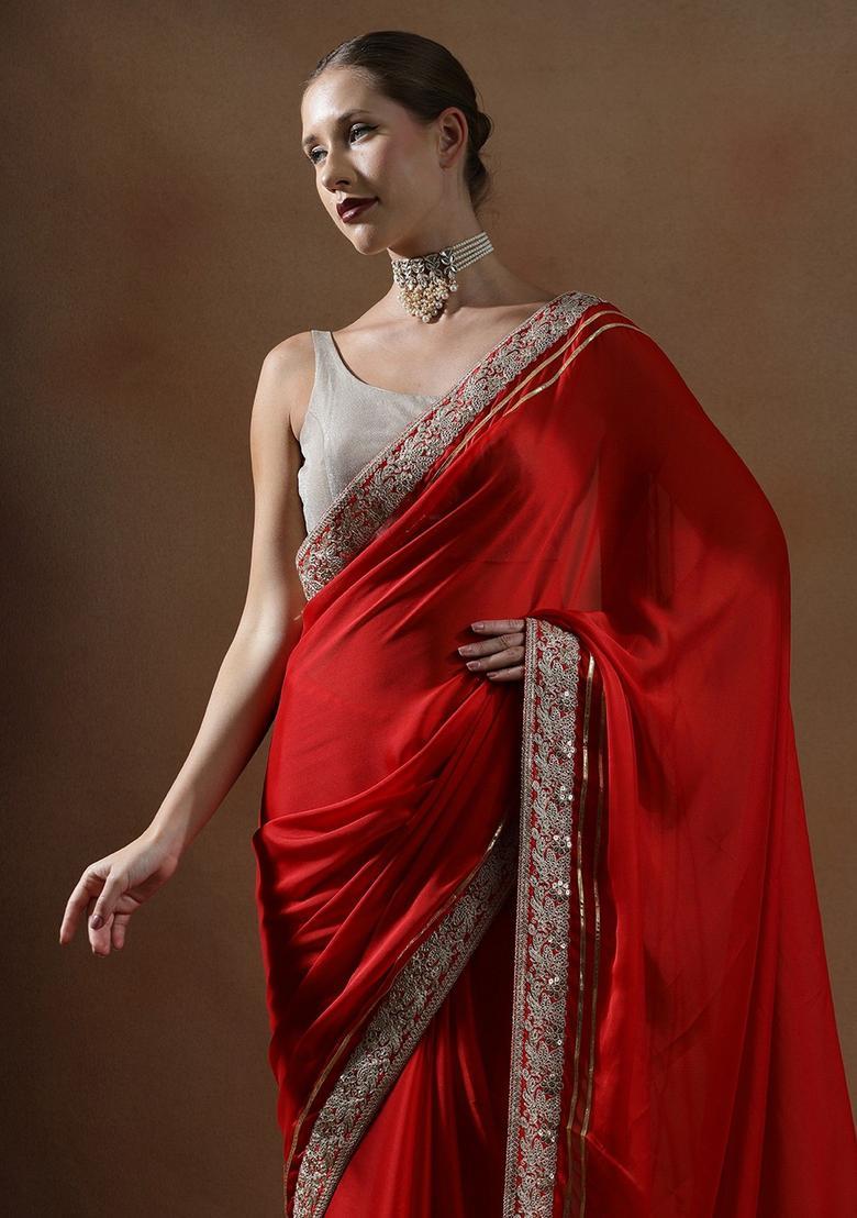 Red Solid Silk Blend Saree Set - Indya