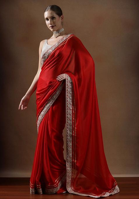 Red Solid Silk Saree Set