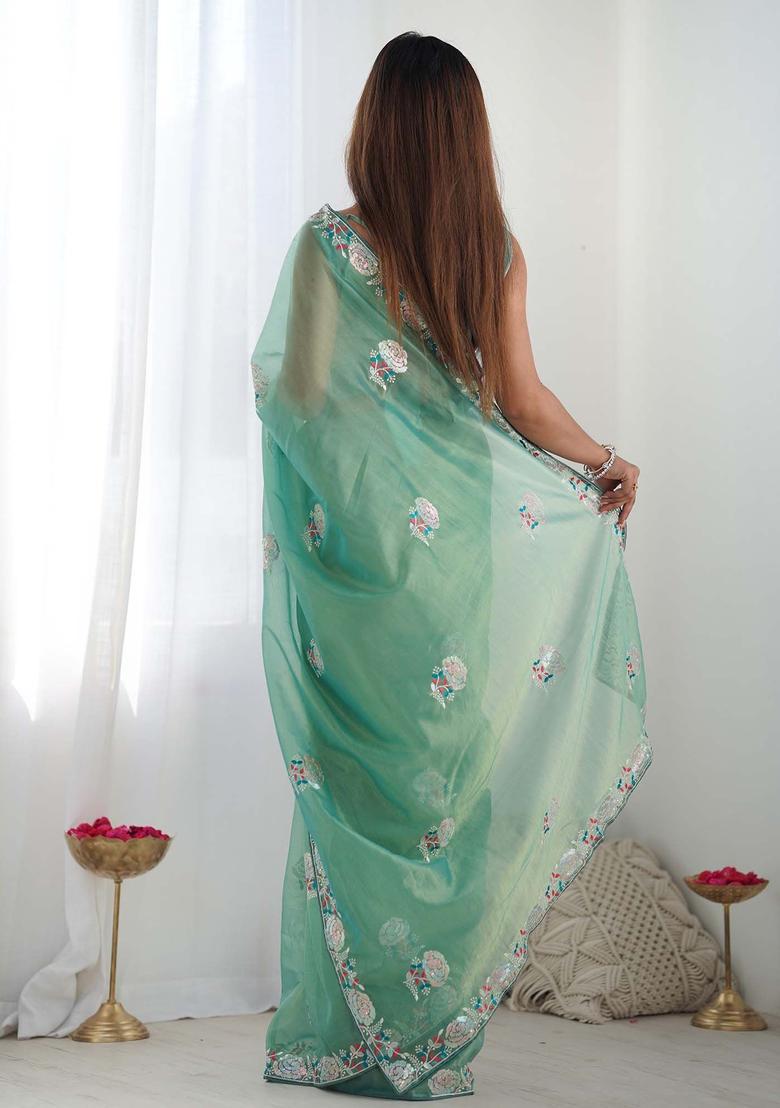Green Embroidered Net Saree Set - Indya