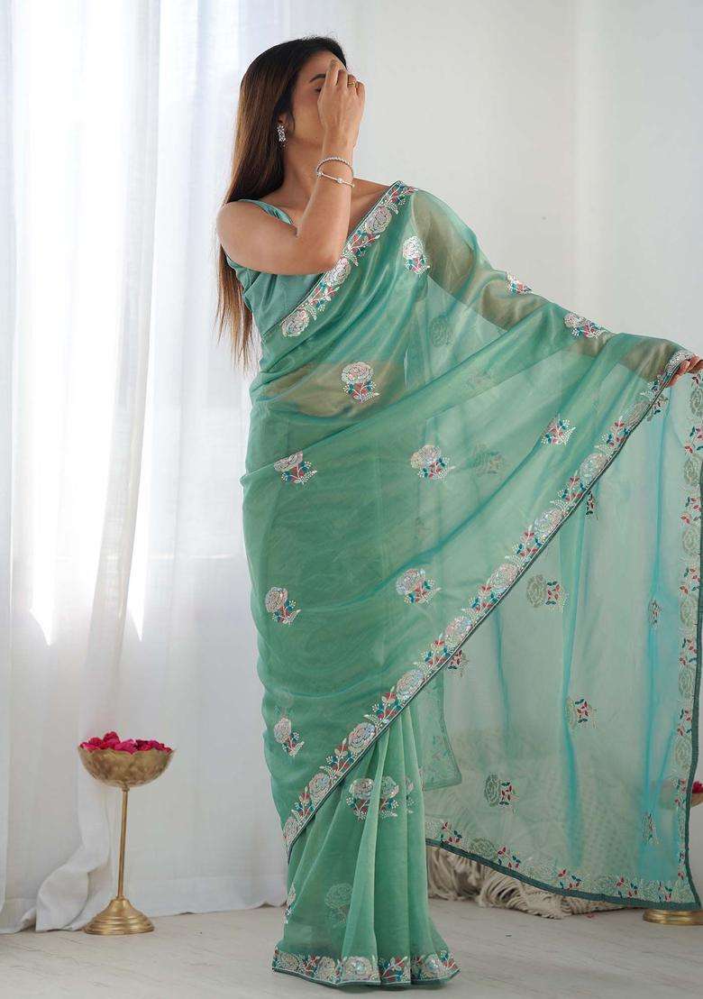 Green Net Saree Set with Embroidered for Diwali | Wedding & Festive Wear - Indya