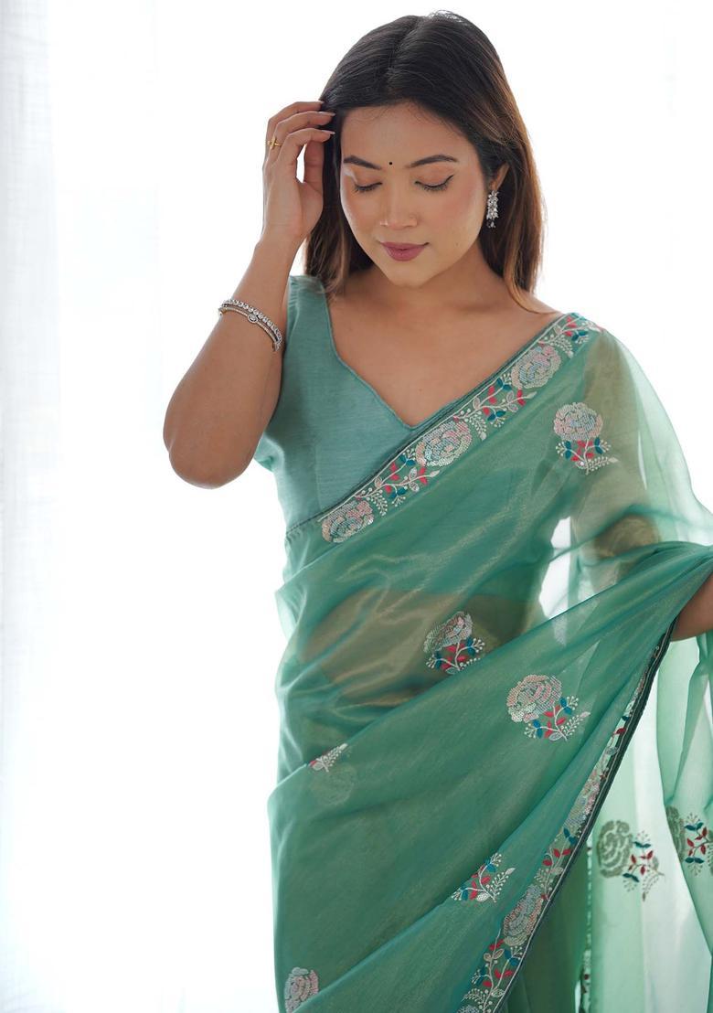 Green Embroidered Net Saree Set - Indya