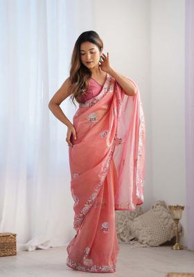 Peach Embroidered Net Saree Set
