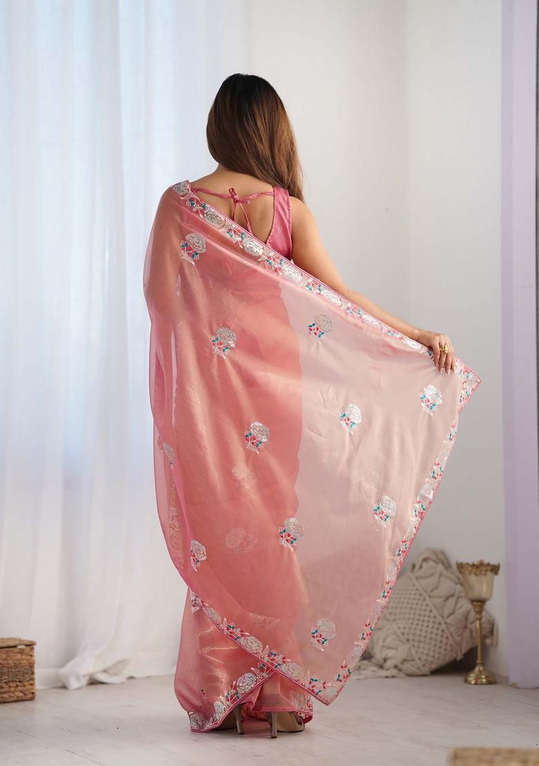 Peach Embroidered Net Saree Set - Indya