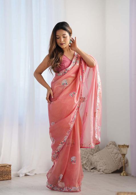 Peach Embroidered Net Saree Set