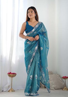 Blue Embroidered Net Saree Set