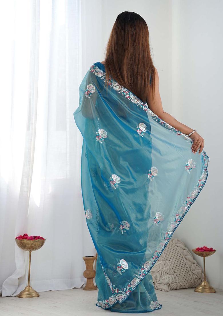 Blue Embroidered Net Saree Set - Indya