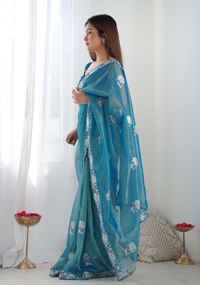 Blue Embroidered Net Saree Set - Indya