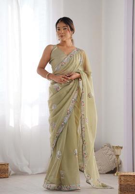 Green Embroidered Net Saree Set