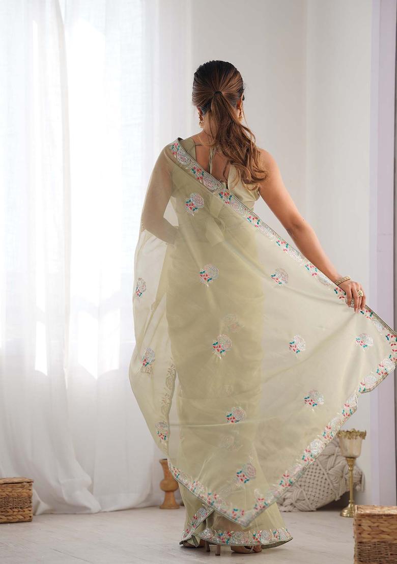 Green Embroidered Net Saree Set - Indya