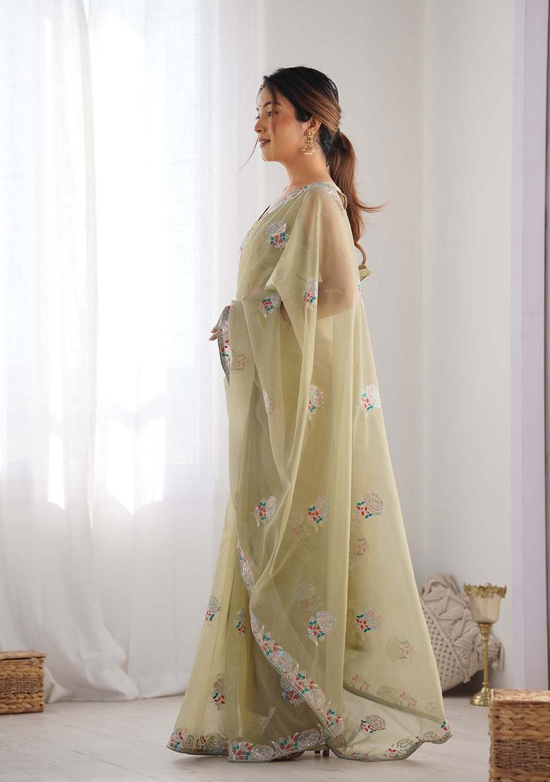 Green Embroidered Net Saree Set - Indya