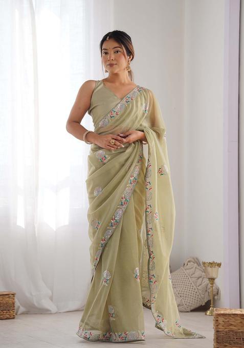 Green Embroidered Net Saree Set