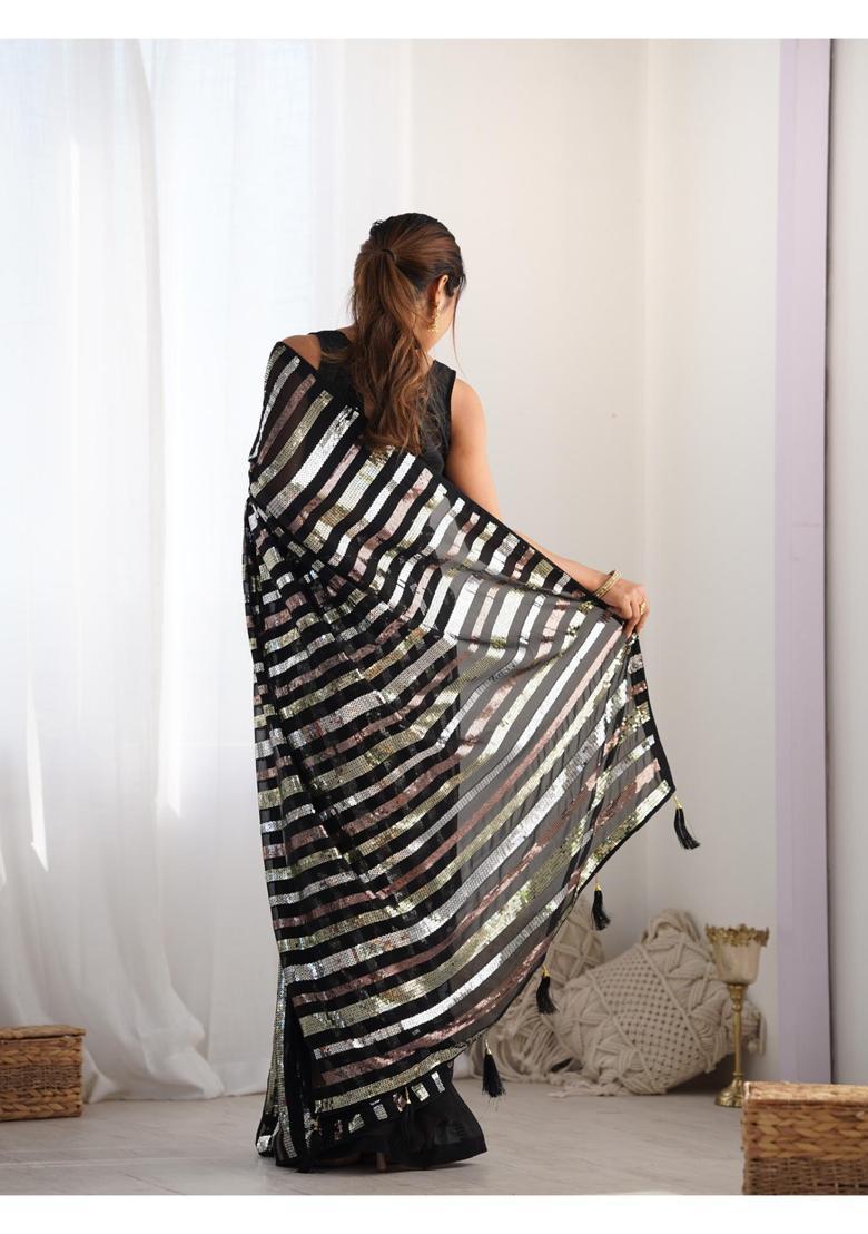 Black Sequin Work Georgette Saree Set - Indya