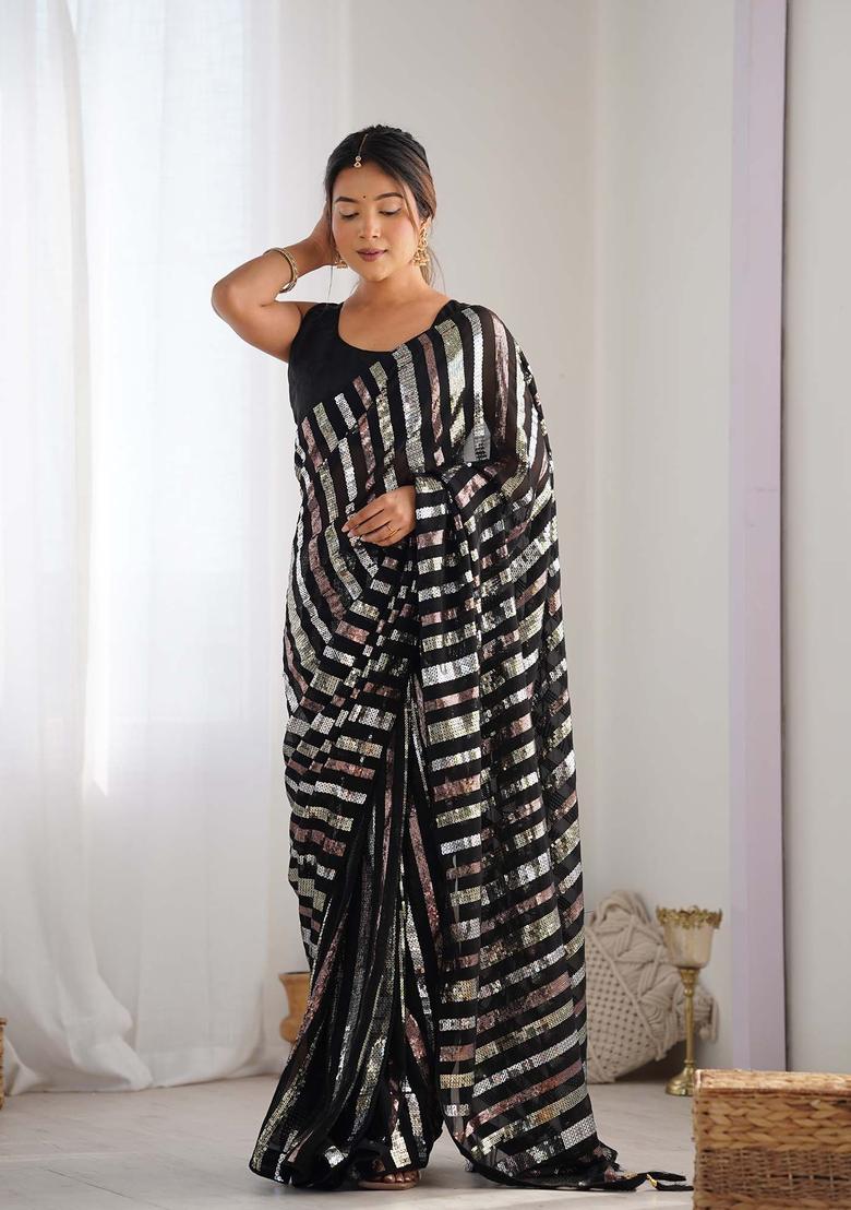 Black Sequin Work Georgette Saree Set - Indya