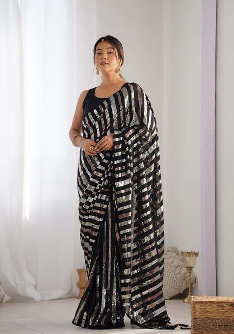 Black Sequin Work Georgette Saree Set