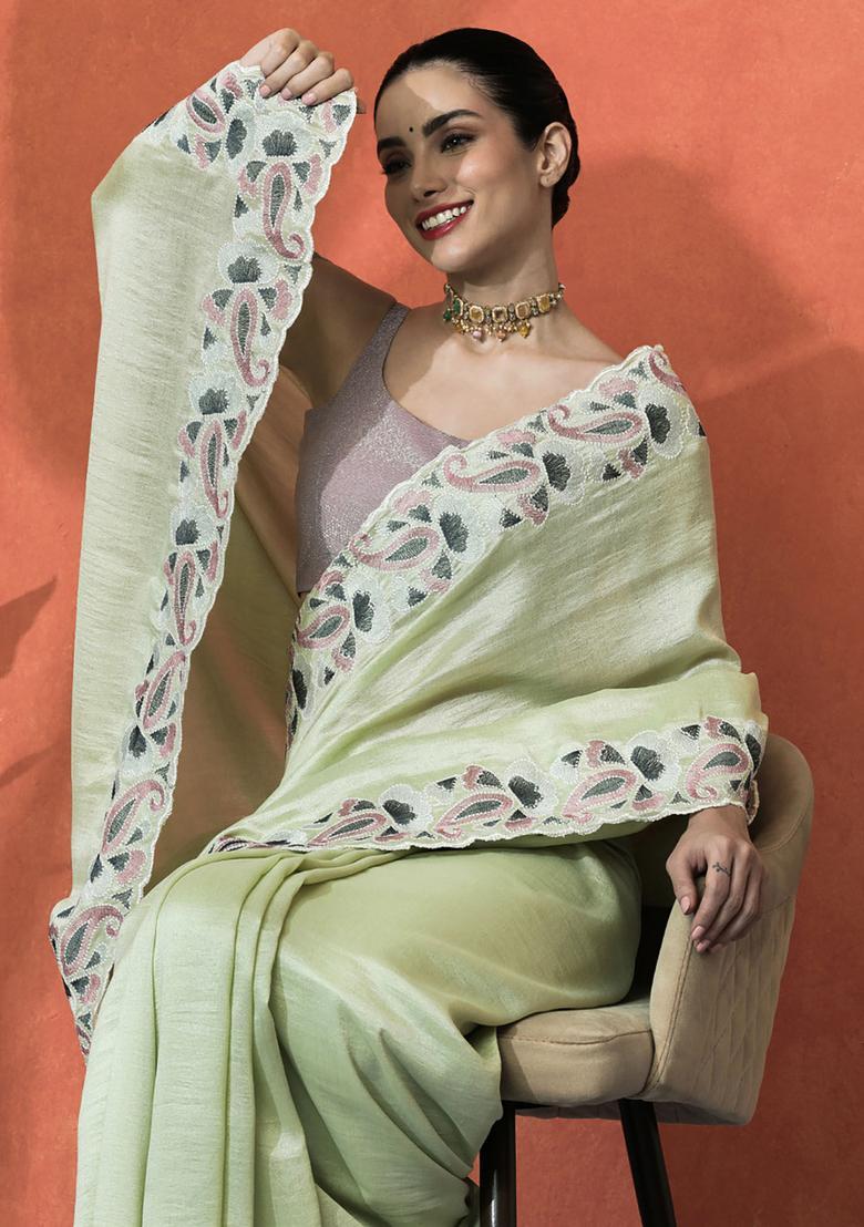 Green Embroidered Satin Saree Set - Indya