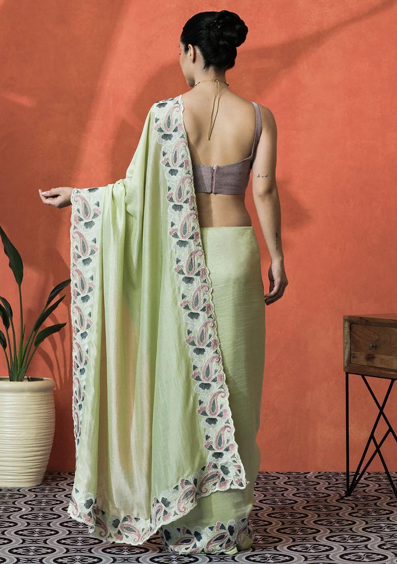 Green Embroidered Satin Saree Set - Indya