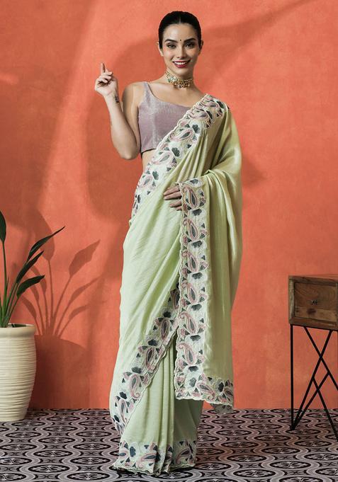 Green Embroidered Satin Saree Set
