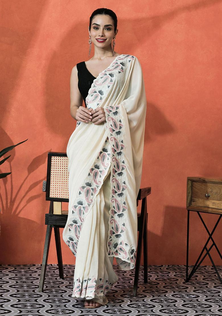 Off White Embroidered Satin Saree Set - Indya