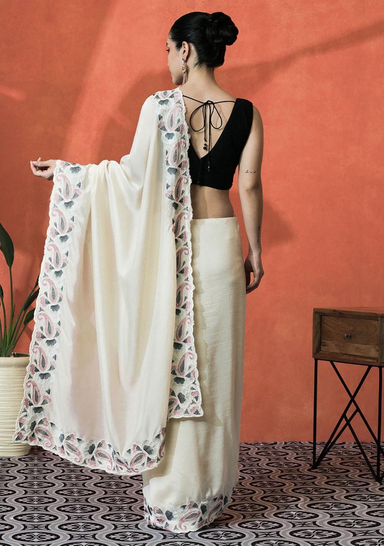 Off White Embroidered Satin Saree Set - Indya