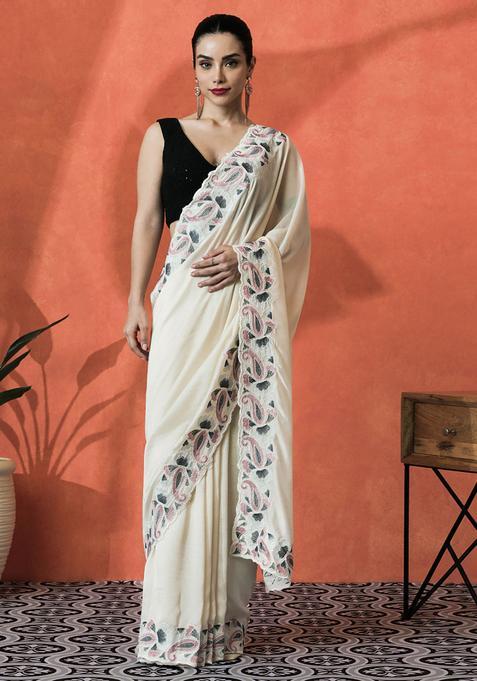 Off White Embroidered Satin Saree Set