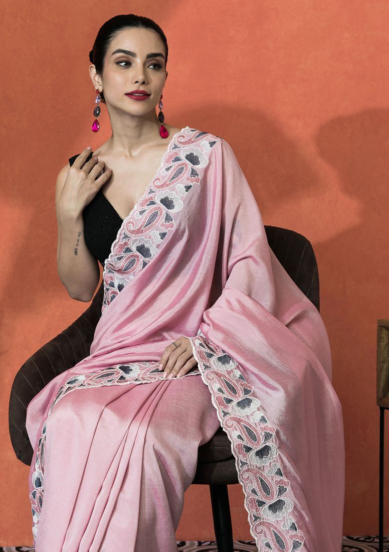 Pink Embroidered Satin Saree Set - Indya