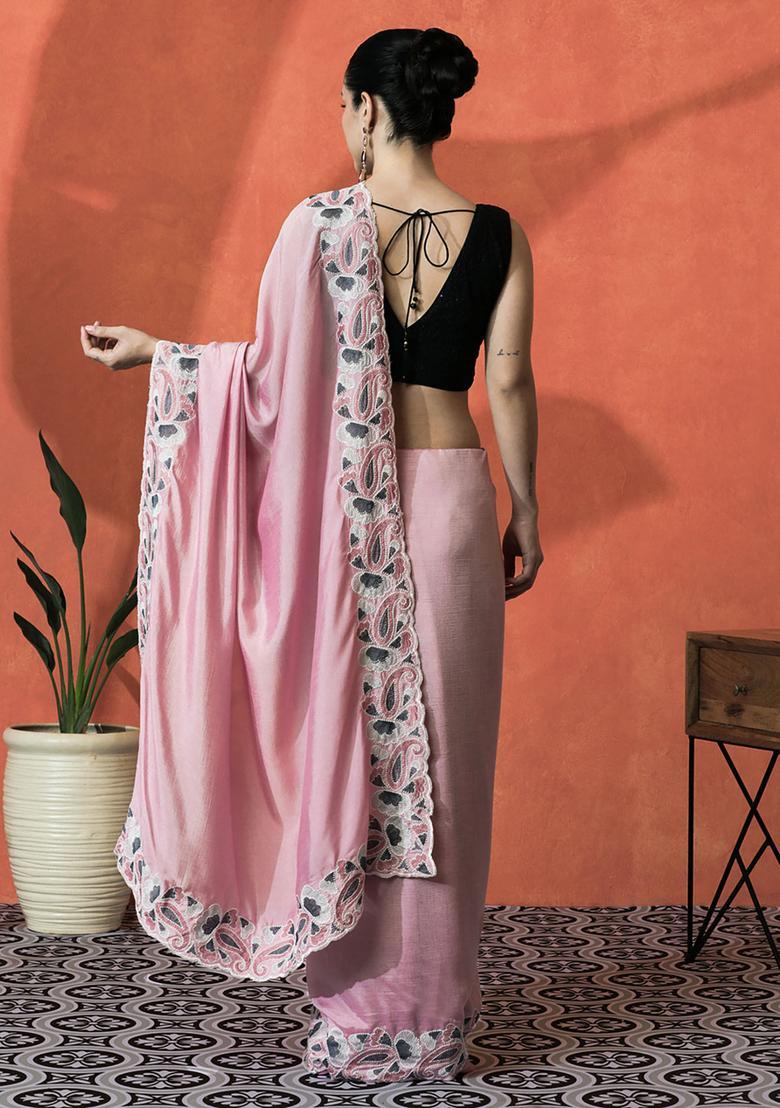 Pink Embroidered Satin Saree Set - Indya