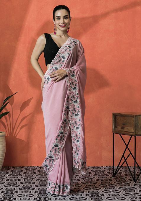 Pink Embroidered Satin Saree Set