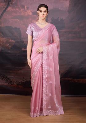 Pink Embroidered Silk Blend Saree Set