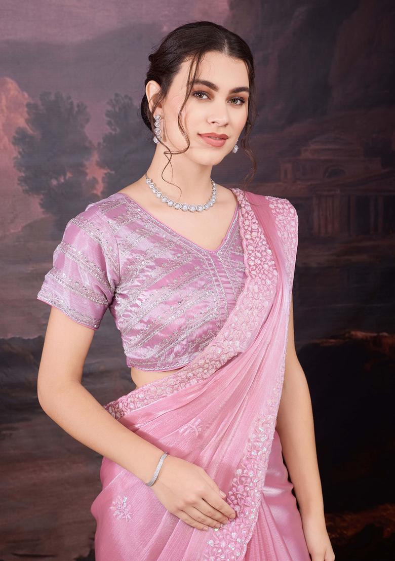 Pink Embroidered Silk Blend Saree Set - Indya