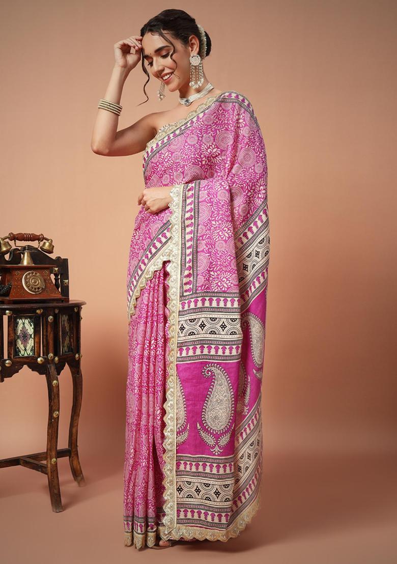 Pink Floral Print Cotton Saree Set - Indya