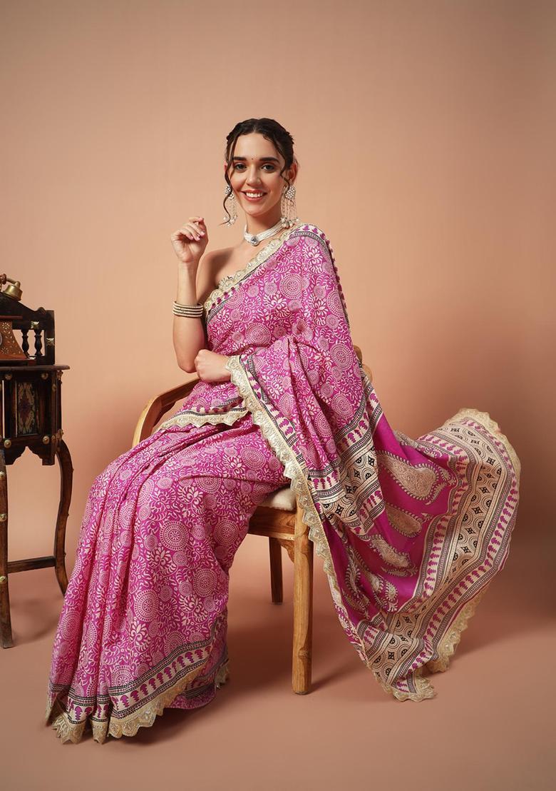 Pink Floral Print Cotton Saree Set - Indya