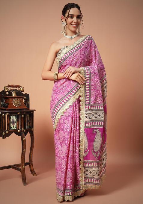 Pink Floral Print Cotton Saree Set
