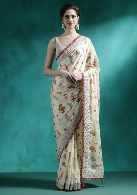 Beige Printed Georgette Saree Set