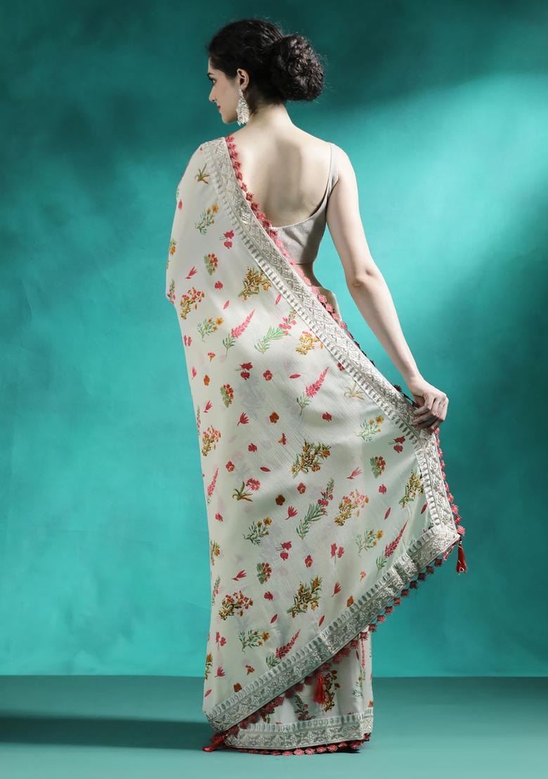 Beige Printed Georgette Saree Set - Indya