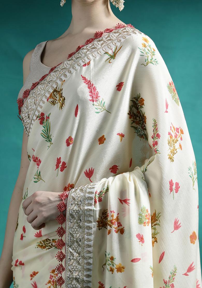 Beige Printed Georgette Saree Set - Indya