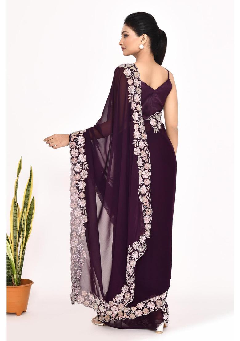 Purple Embroidered Georgette Saree Set - Indya