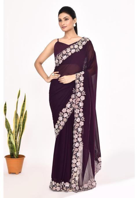 Purple Embroidered Georgette Saree Set